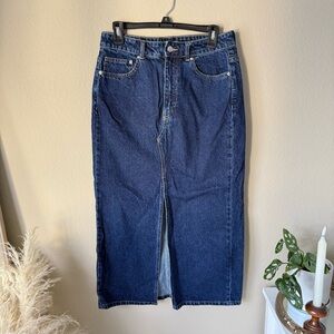 H&M Dark Blue Denim Maxi Skirt Long Jean Skirt Front Slit